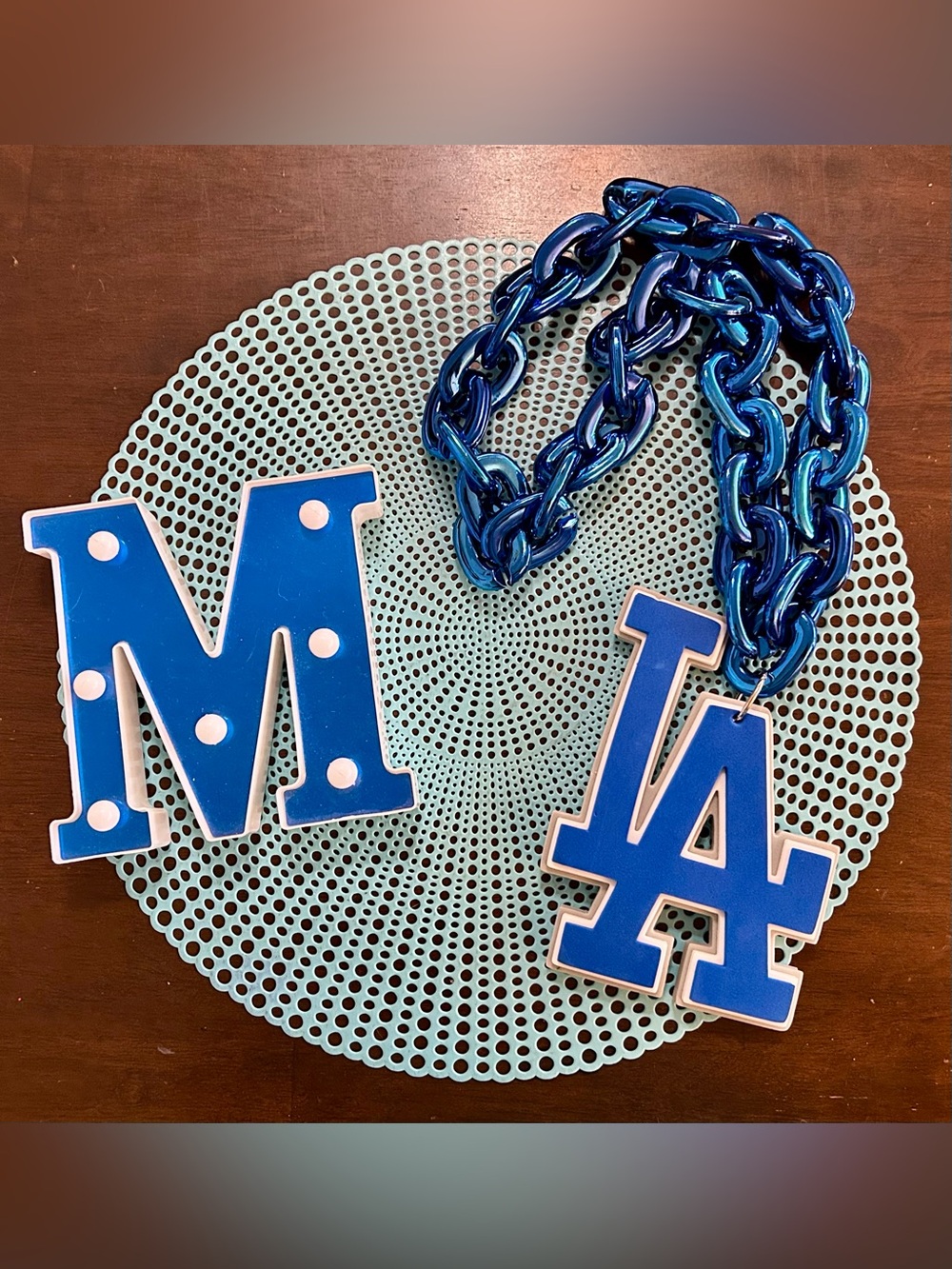 Los Angeles Dodgers MLB Big Plastic Necklace With Blue Foam “LA” Logo- Used